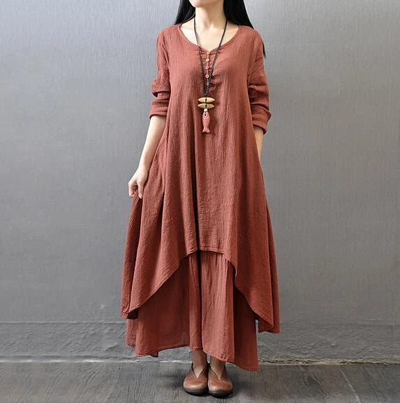 Baumwoll-Leinen Midikleid — Lockere Passform