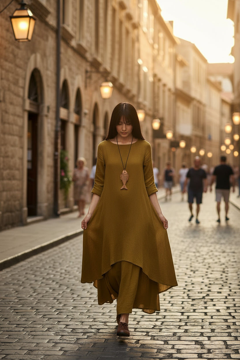 Baumwoll-Leinen Midikleid — Lockere Passform