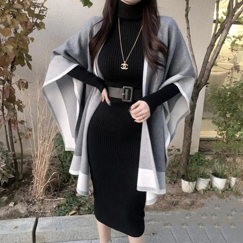 Strickkleid mit Rollkragen — Bodycon, Midi-Länge