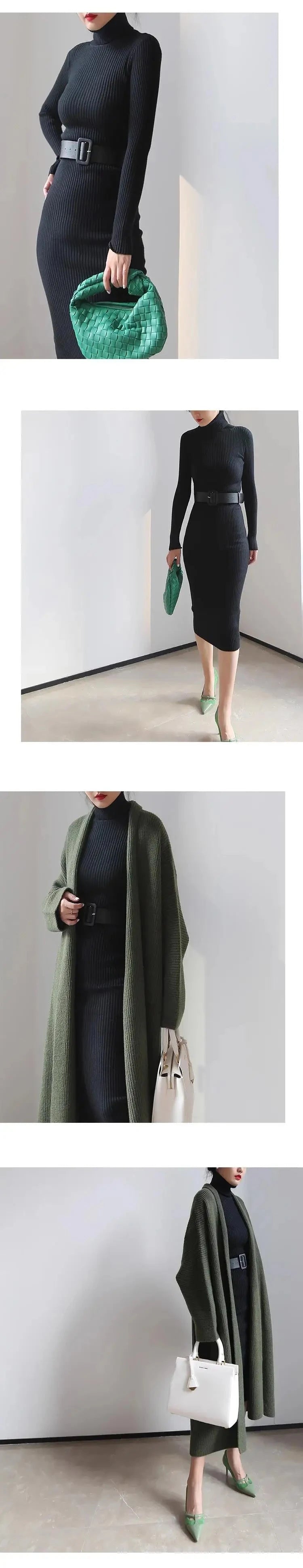 Strickkleid mit Rollkragen — Bodycon, Midi-Länge