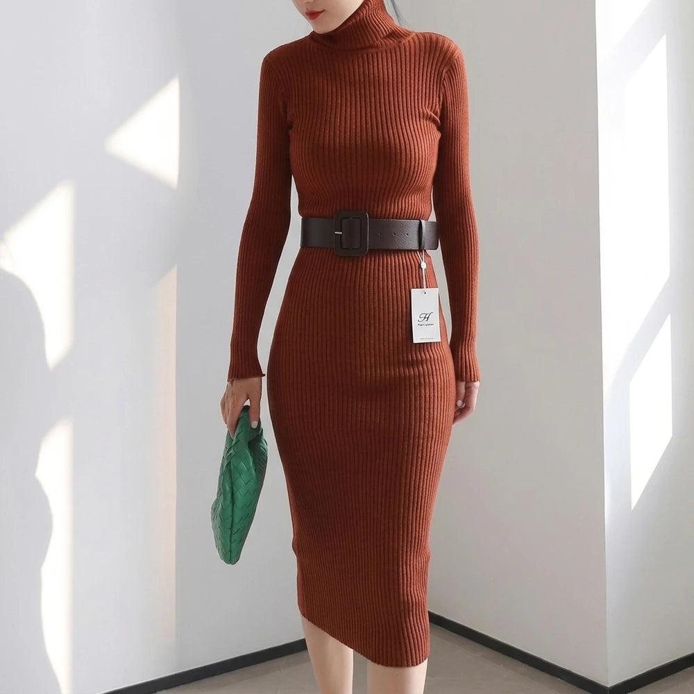 Strickkleid mit Rollkragen — Bodycon, Midi-Länge