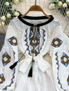 Bohemian Maxikleid mit Stickerei — Ballonärmel, Baumwollmix