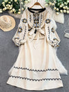 Bohemian Maxikleid mit Stickerei — Ballonärmel, Baumwollmix